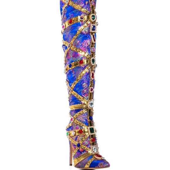AZALEA WANG "THE HIGH  STEPPER BRIGADE" BLUE BAROCADE EMBELLISHED BOOT(BRAND NEW - Picture 4 of 8